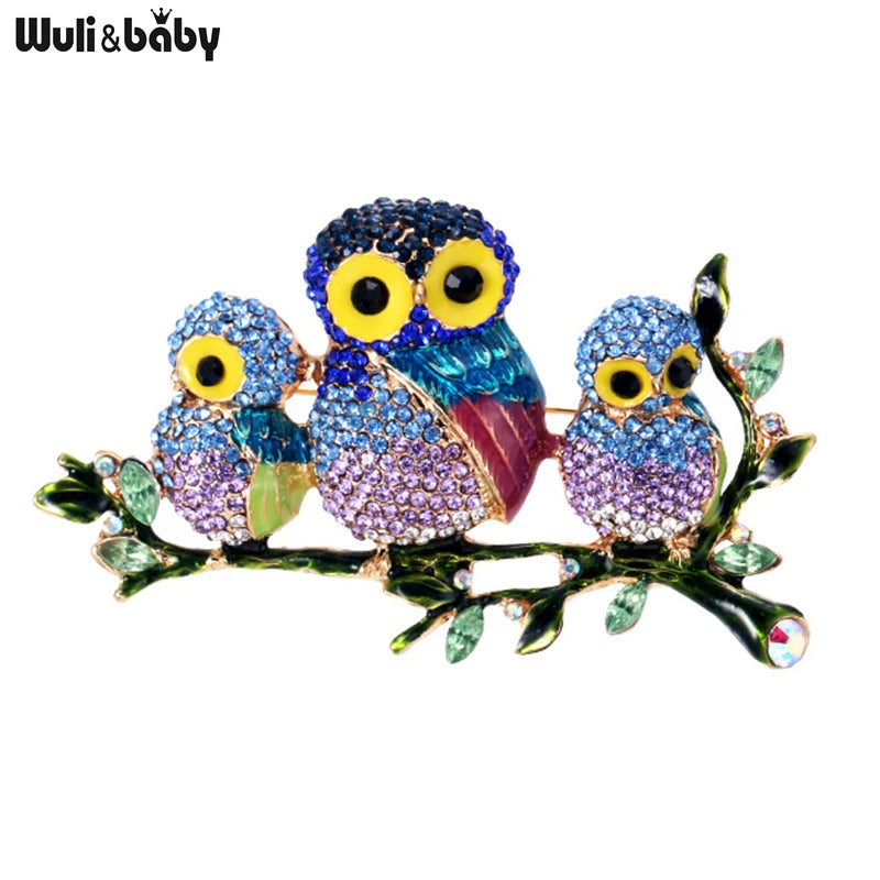 Wuli&baby Rhinestone Family Owls Brooches For Women Fashion Stand Branch Bird Party Office Brooch Pin Gifts
