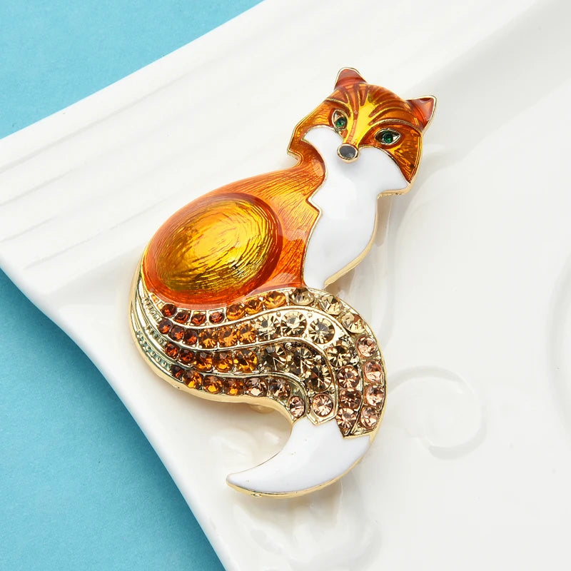 PENDRA Clever Fox Rhinestone Enamel Brooch
