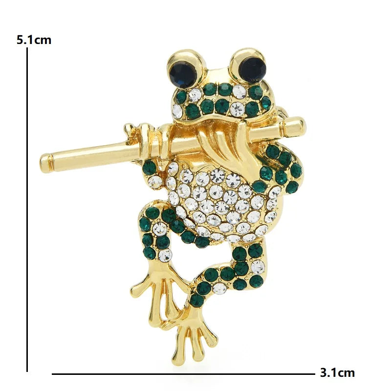 PENDRA Bamboo Flute Frog Rhinestone Brooch