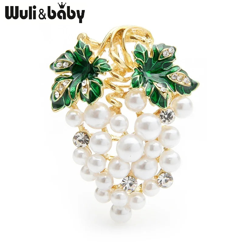 PENDRA Vinetta Full-White-Pearl Enamel Grape Brooch