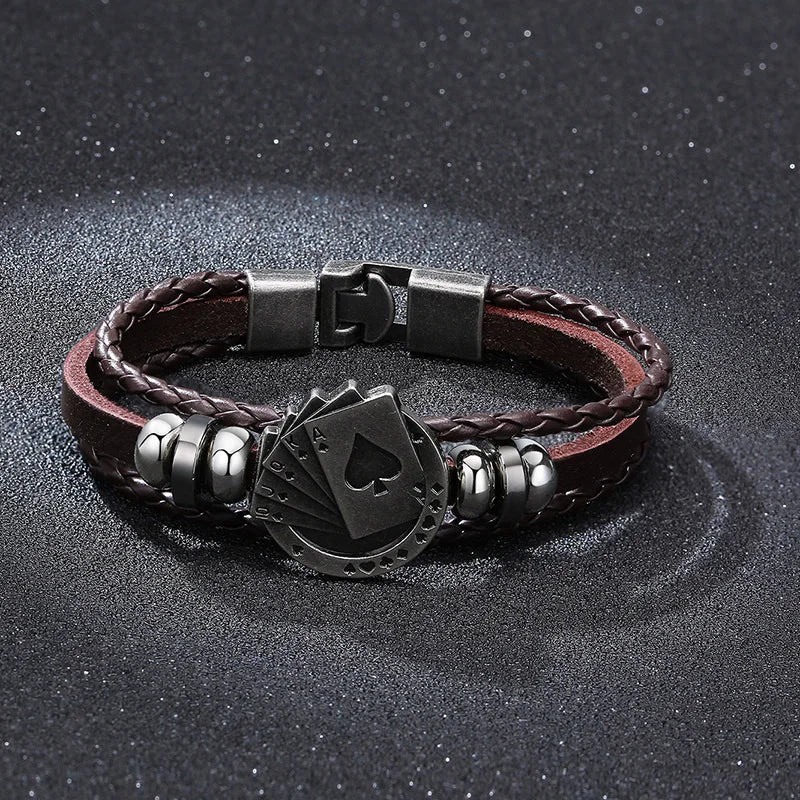 POKER BROWN LEATHER CUFF BRACELET MEN'S MULTILAYER WRAP WRISTBAND FRIENDSHIP VINTAGE BIKER PLAYING CARD POKER BANGLE MEN JEWELRY