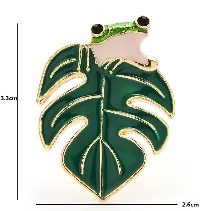 Wuli&baby Enamel Frog Brooches For Women 2-color Leaf Animal Party Causal Brooch Pins New Year Gifts