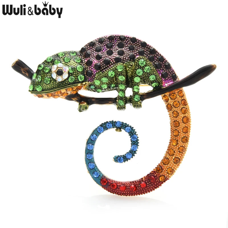 PENDRA Chameleon Lizard Multicolor Rhinestone Brooch