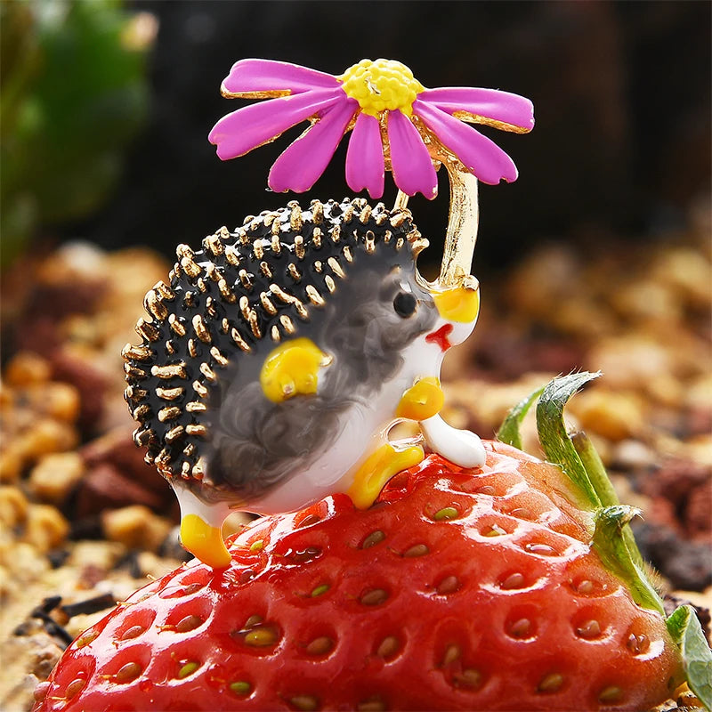 PENDRA Meadow Hedgehog Enamel Animal Brooch