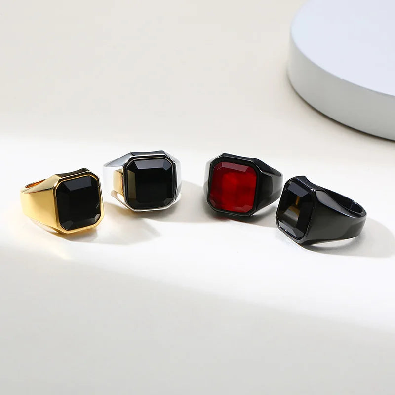 Man Ring Black Carnelian Signet Rings Stainless Steel Square Pinky Rings Gents Wealth And Rich Status Jewelry