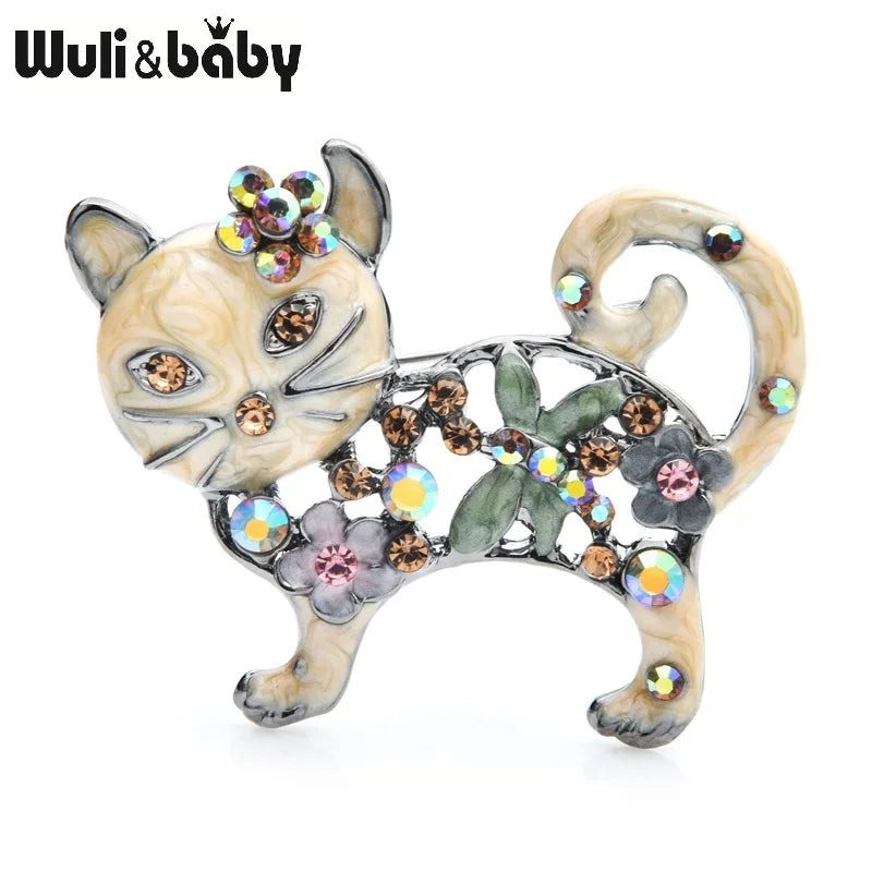 Wuli&baby Lovely Enamel Cat Brooches Women Metal Rhinestone Flower Animal Casual Brooch Pins Gifts