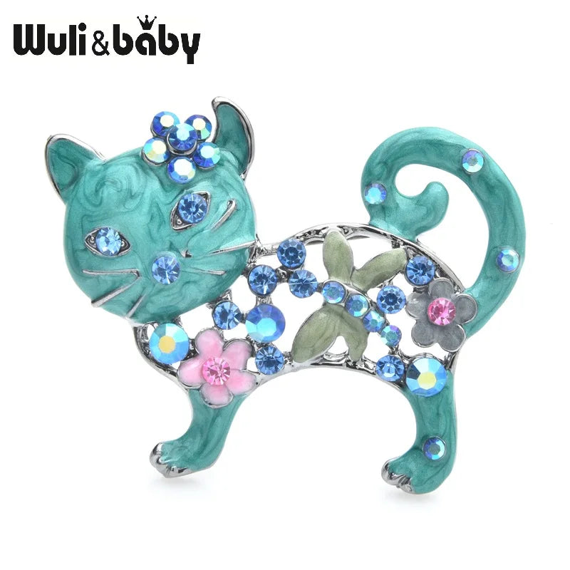Wuli&baby Lovely Enamel Cat Brooches Women Metal Rhinestone Flower Animal Casual Brooch Pins Gifts