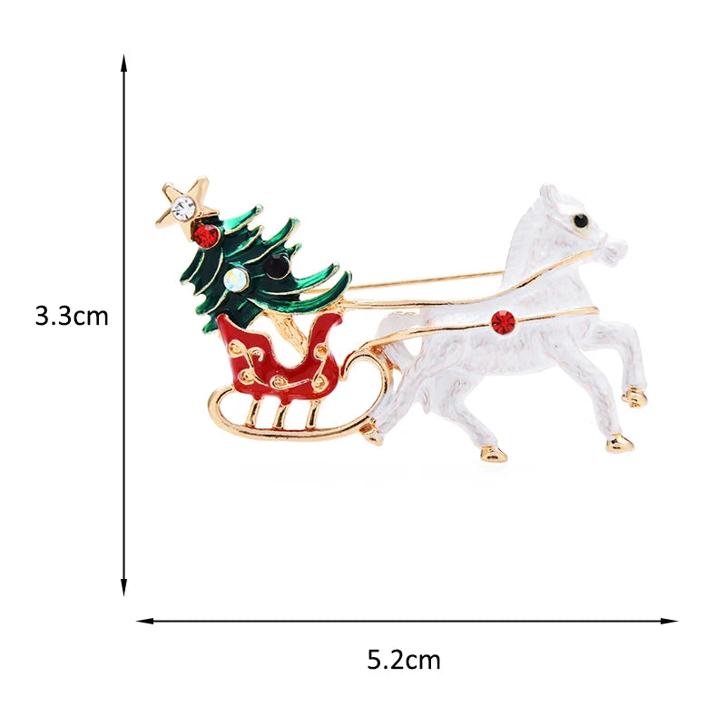 Wuli&baby Carrying Christmas Tree Carriage Brooches For Women White Horse New Year Brooch Pin Gifts