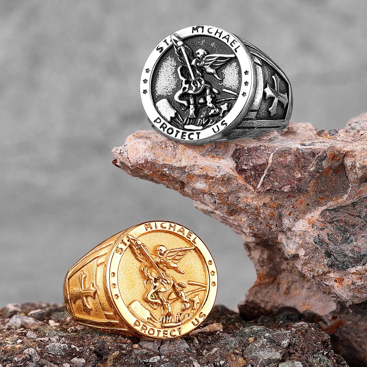 Archangel Saint Michael Exorcism Stainless Steel Mens Rings Punk Amulet for Male Boyfriend Jewelry Creativity Gift Wholesale