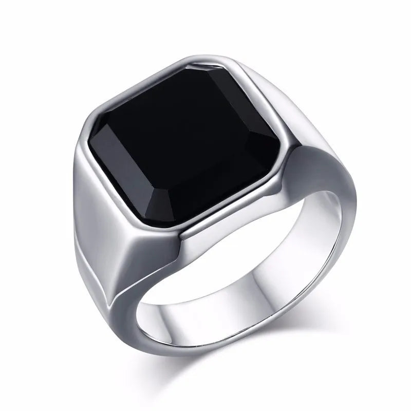 Man Ring Black Carnelian Signet Rings Stainless Steel Square Pinky Rings Gents Wealth And Rich Status Jewelry