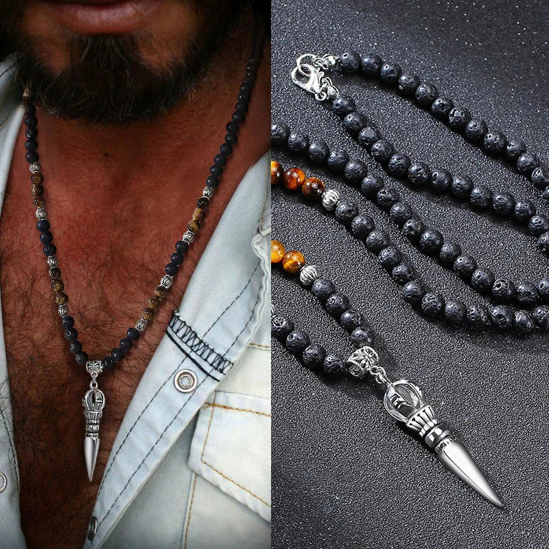 TIBETAN BUDDHIST PHURBA KILAYA THE MAGIC KNIFE WITH TIGER’S EYE LAVA STONE NECKLACE FOR MEN JEWELRY
