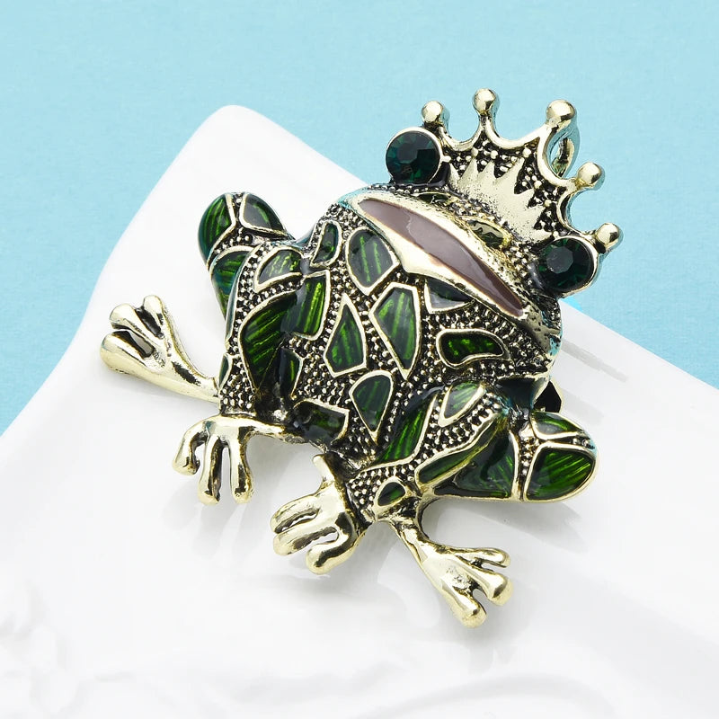PENDRA Green Crown Frog Brooch