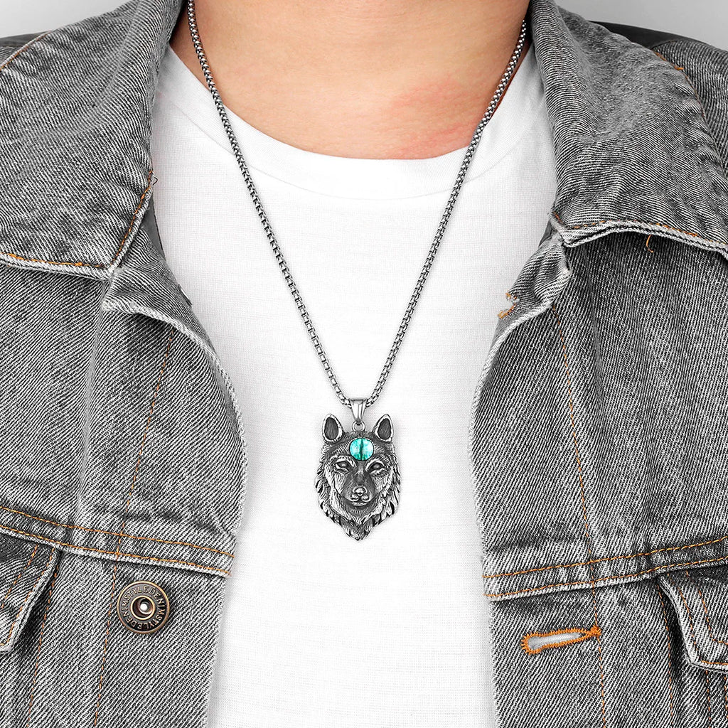 Animal Wolf Red Blue Eye Stainless Steel Men Necklaces Pendants Chain Cool for Boyfriend Male Jewelry Creativity Gift Wholesale