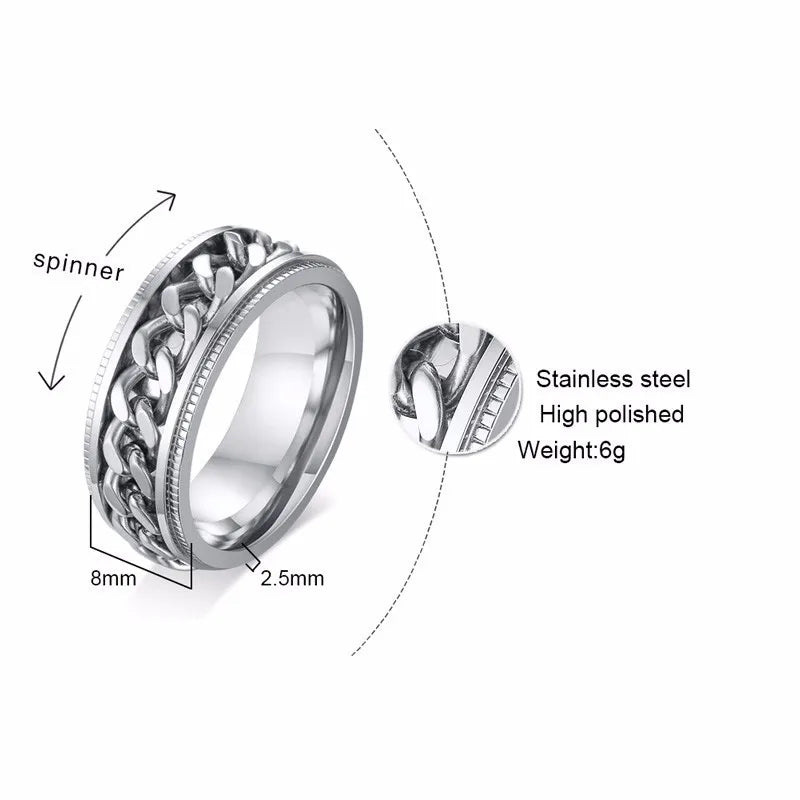 Men's Cuba Chain Spinner Ring  8mm Stainless Steel Wedding Band Silver Color Reliever Worry Rings Men Jewelry