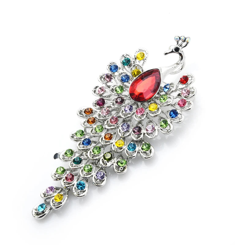 PENDRA Grand Peacock Rhinestone Bird Brooch