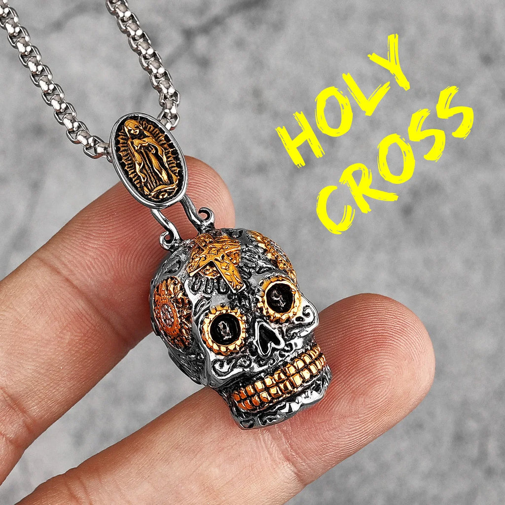 PENDRA Steampunk Cross Skull Steel Necklace