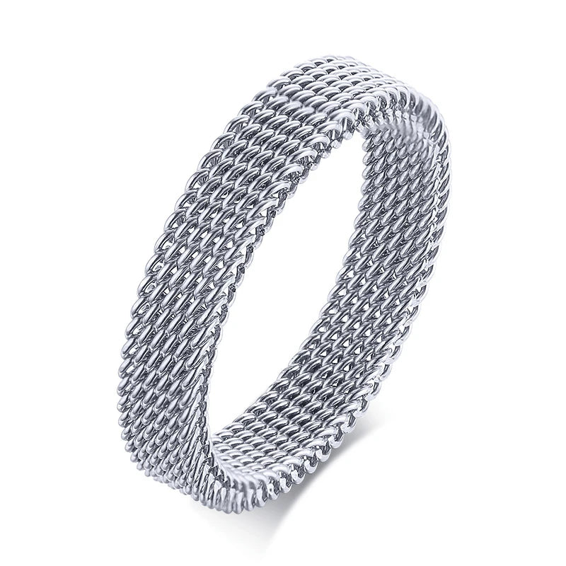 FLEXIBLE STEEL RING MESH FLAT CHAIN BAND RING FOR MEN WOMEN JEWELRY