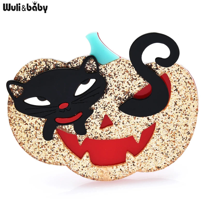 Wuli&baby Acrylic Cat Pumpkin Brooches For Women Unisex Intresting Halloween Brooch Pins Gifts