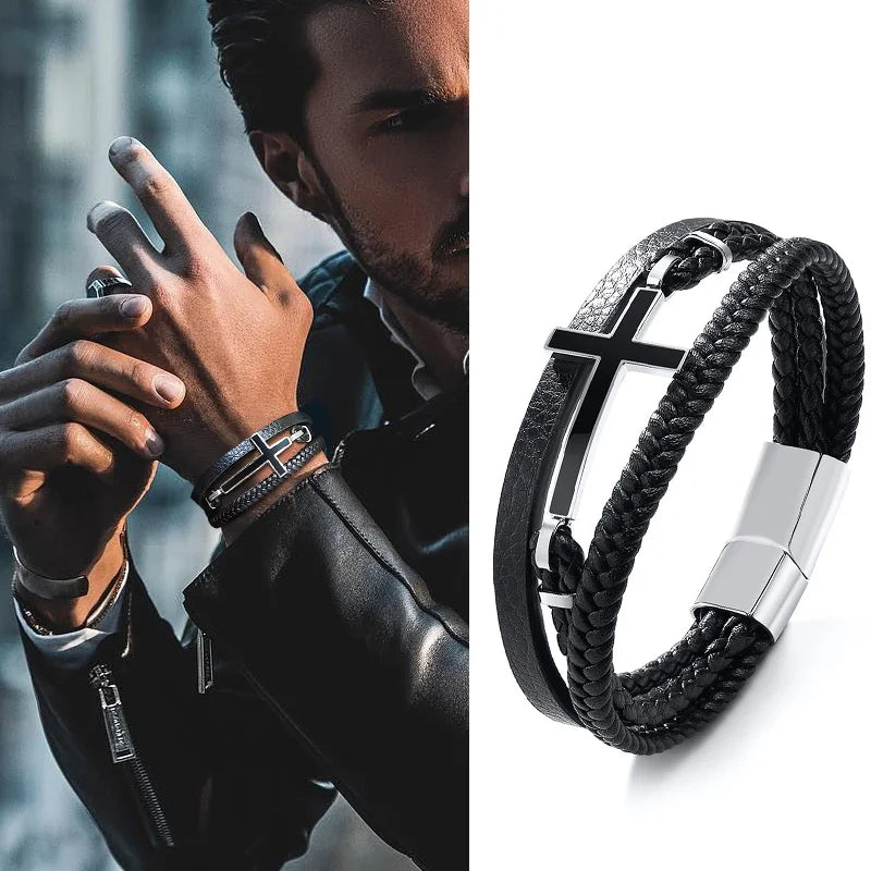 GENTLEMAN SIDEWAYS CROSS CUFF-STYLE LEATHER BRACELETS BLACK BRAIDED TRIPLE WRAP MENS BRACELETS FOR MEN JEWELRY