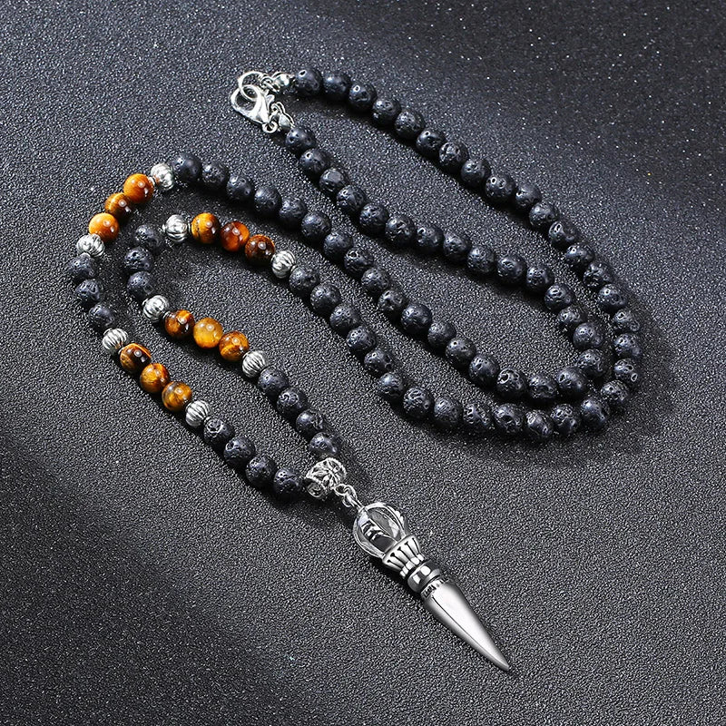 TIBETAN BUDDHIST PHURBA KILAYA THE MAGIC KNIFE WITH TIGER’S EYE LAVA STONE NECKLACE FOR MEN JEWELRY