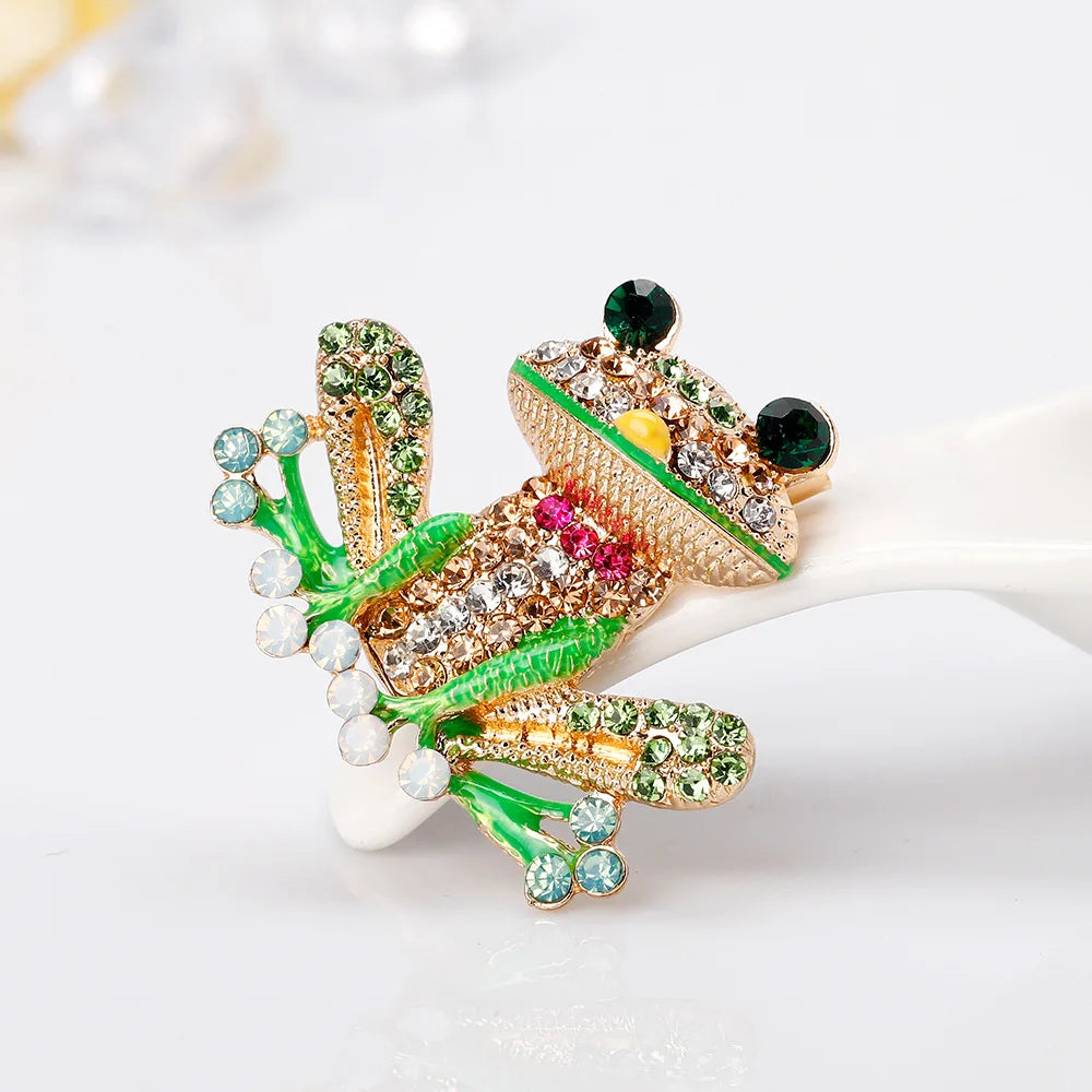 PENDRA Frogglow Rhinestone Frog Brooch