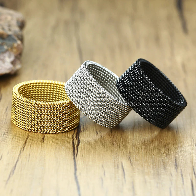 FLEXIBLE STEEL RING MESH FLAT CHAIN BAND RING FOR MEN WOMEN JEWELRY
