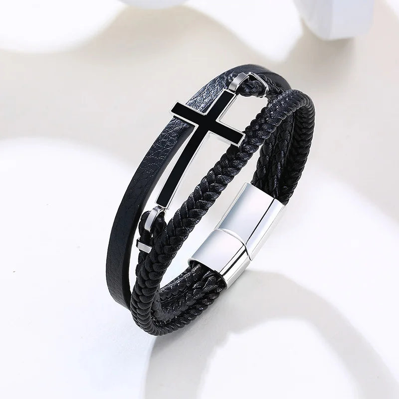 GENTLEMAN SIDEWAYS CROSS CUFF-STYLE LEATHER BRACELETS BLACK BRAIDED TRIPLE WRAP MENS BRACELETS FOR MEN JEWELRY