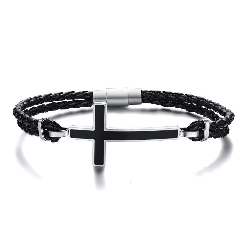 GENTLEMAN SIDEWAYS CROSS CUFF-STYLE LEATHER BRACELETS BLACK BRAIDED TRIPLE WRAP MENS BRACELETS FOR MEN JEWELRY