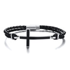 GENTLEMAN SIDEWAYS CROSS CUFF-STYLE LEATHER BRACELETS BLACK BRAIDED TRIPLE WRAP MENS BRACELETS FOR MEN JEWELRY