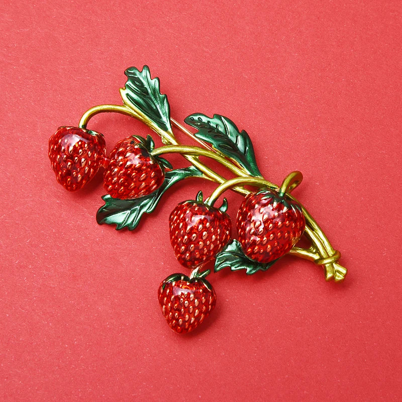 PENDRA Strawberrya Red Enamel Strawberry Brooch