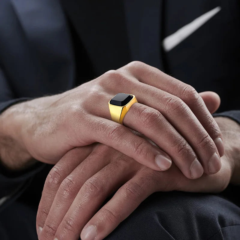 Man Ring Black Carnelian Signet Rings Stainless Steel Square Pinky Rings Gents Wealth And Rich Status Jewelry