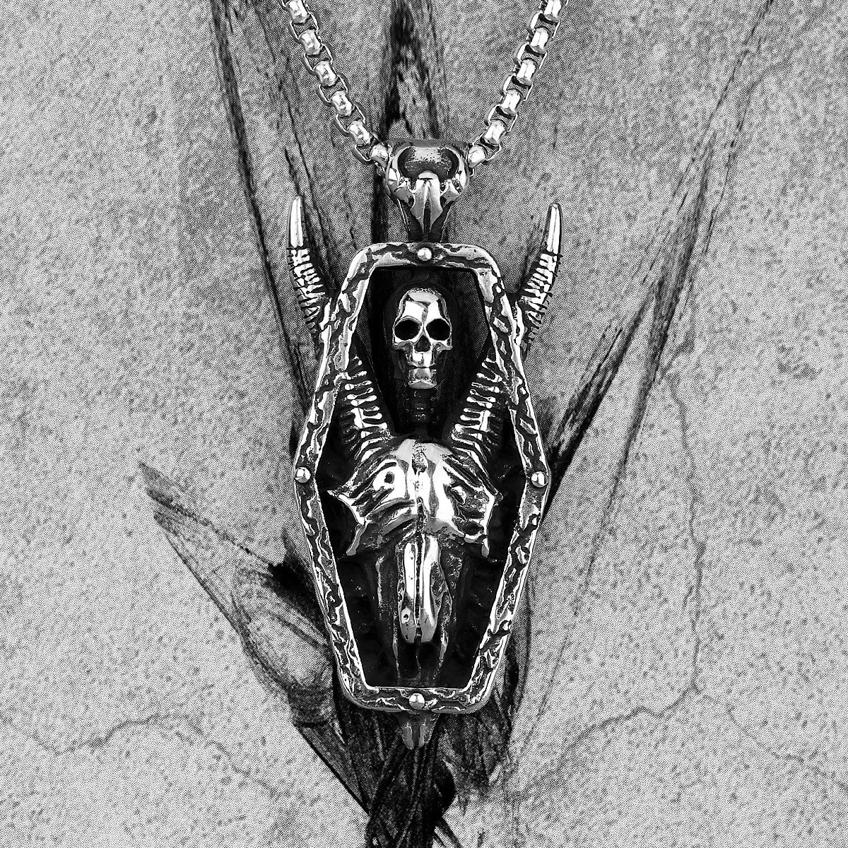 PENDRA Horned Demon Skull Steel Necklace