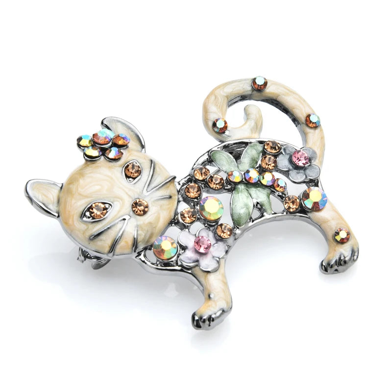 Wuli&baby Lovely Enamel Cat Brooches Women Metal Rhinestone Flower Animal Casual Brooch Pins Gifts
