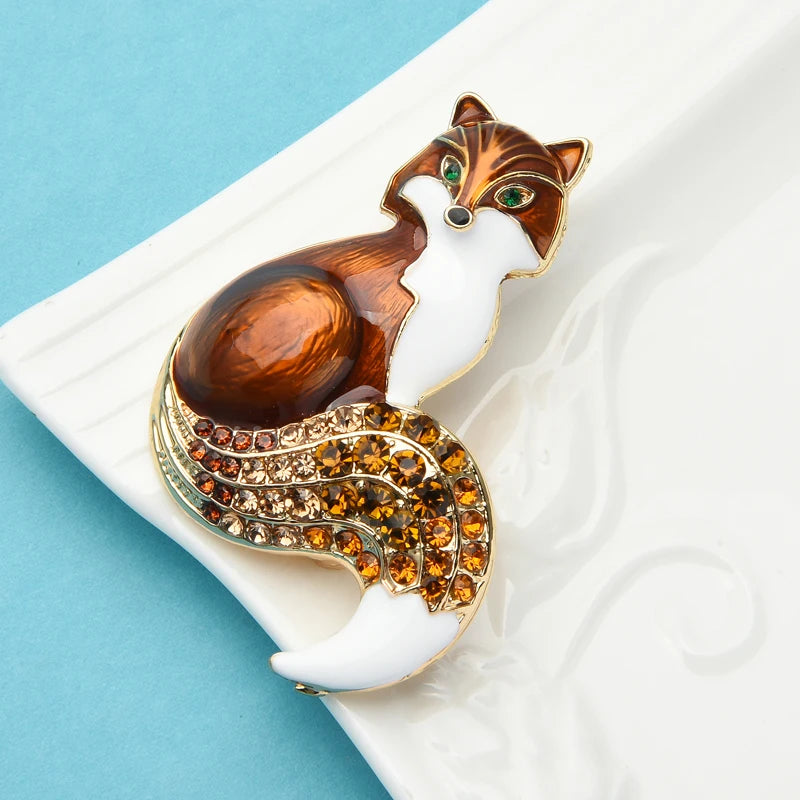 PENDRA Rhinestone Tail Fox Enamel Brooch
