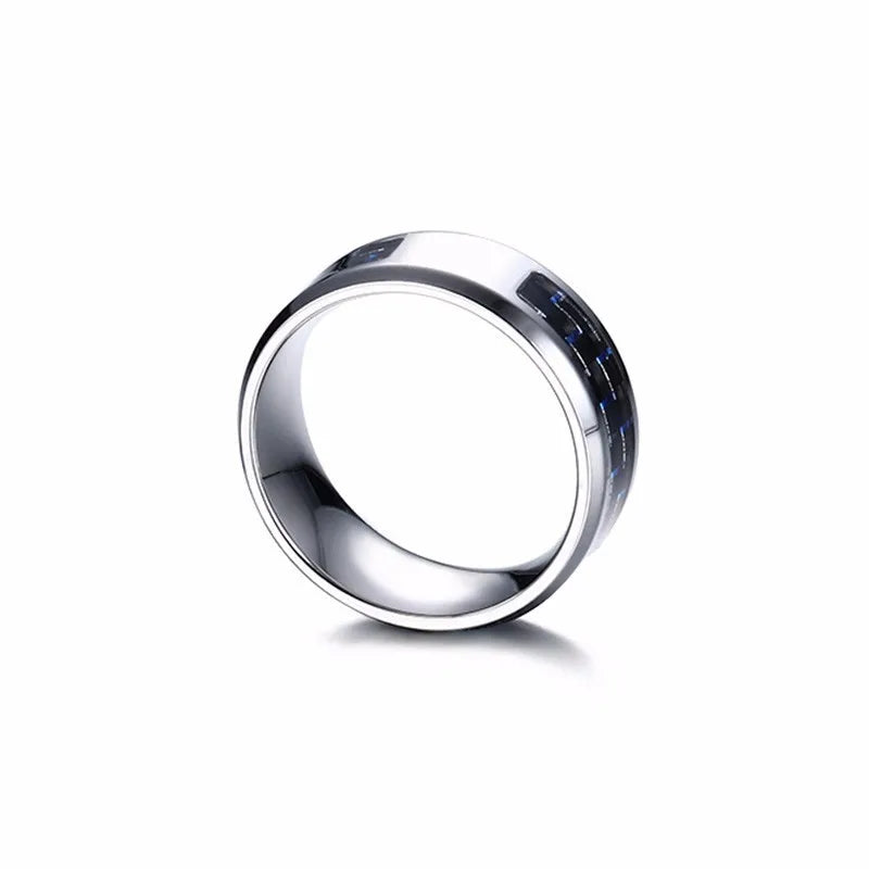 Laser Engraved Wolf Men Ring for Men Stainless Steel Blue Carbon Fibre 8mm Wedding Band