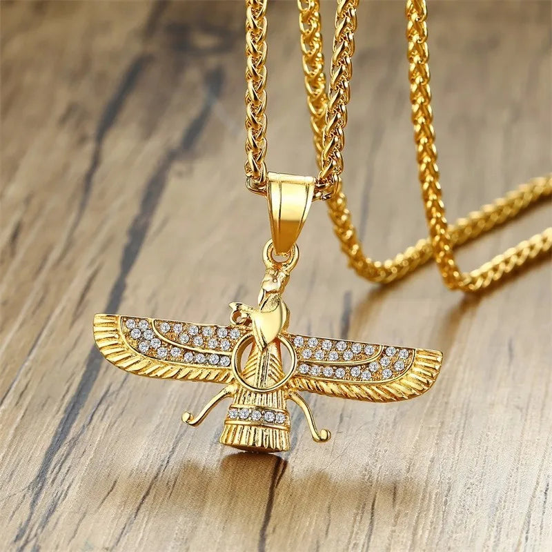 Ahura Mazda Zoroastrian Farvahar Wing Necklace Pendant Stainless Steel Medyan religi Achaemenian Men Jewelry