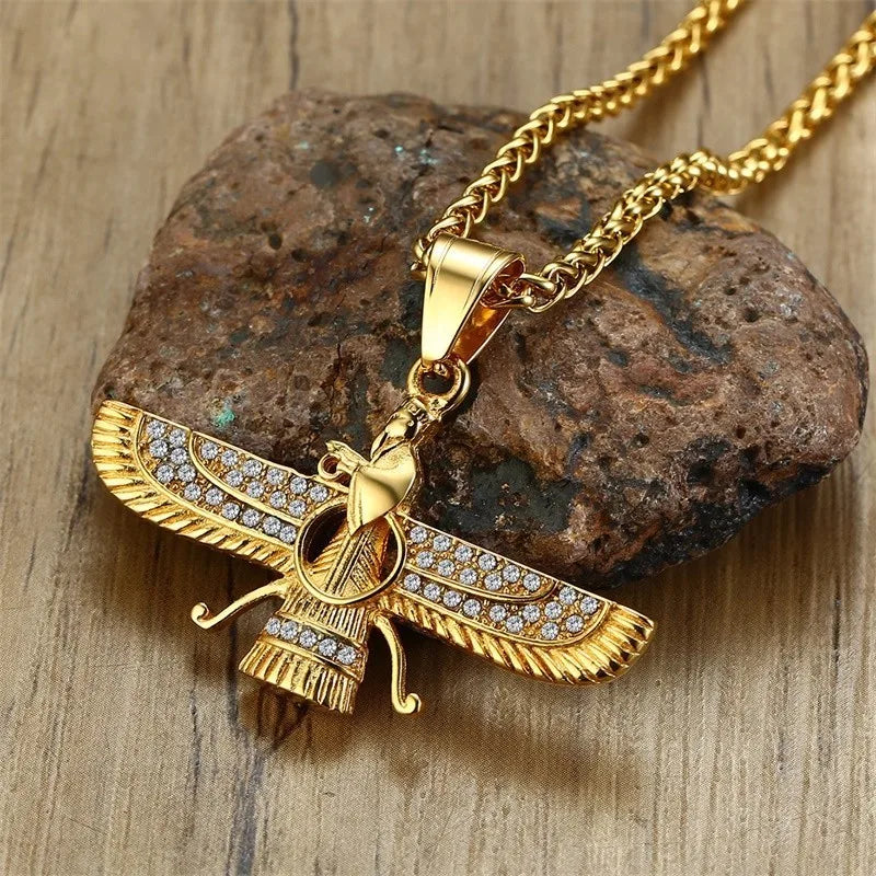 Ahura Mazda Zoroastrian Farvahar Wing Necklace Pendant Stainless Steel Medyan religi Achaemenian Men Jewelry