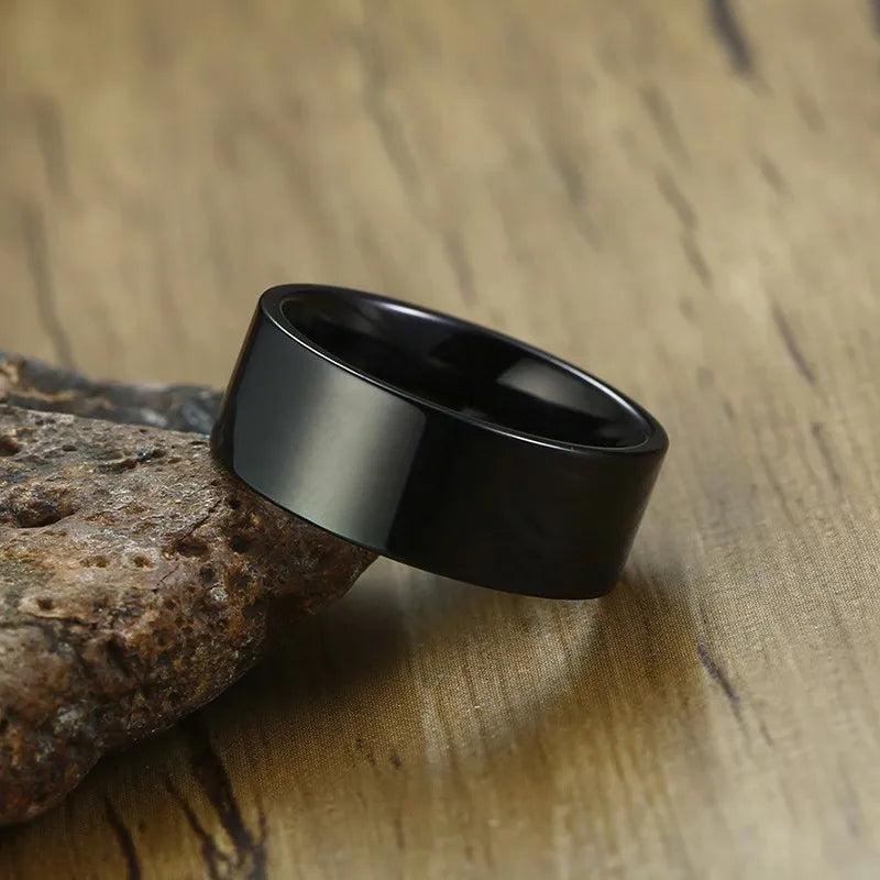 Mens Ring 8mm Flat Pipe Cut Matte Finished Black Stainless Steel Wedding Engagement Band for Men Jewelry