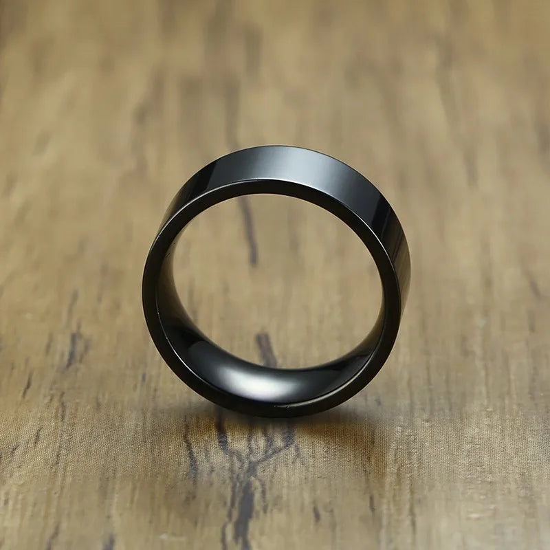 Mens Ring 8mm Flat Pipe Cut Matte Finished Black Stainless Steel Wedding Engagement Band for Men Jewelry