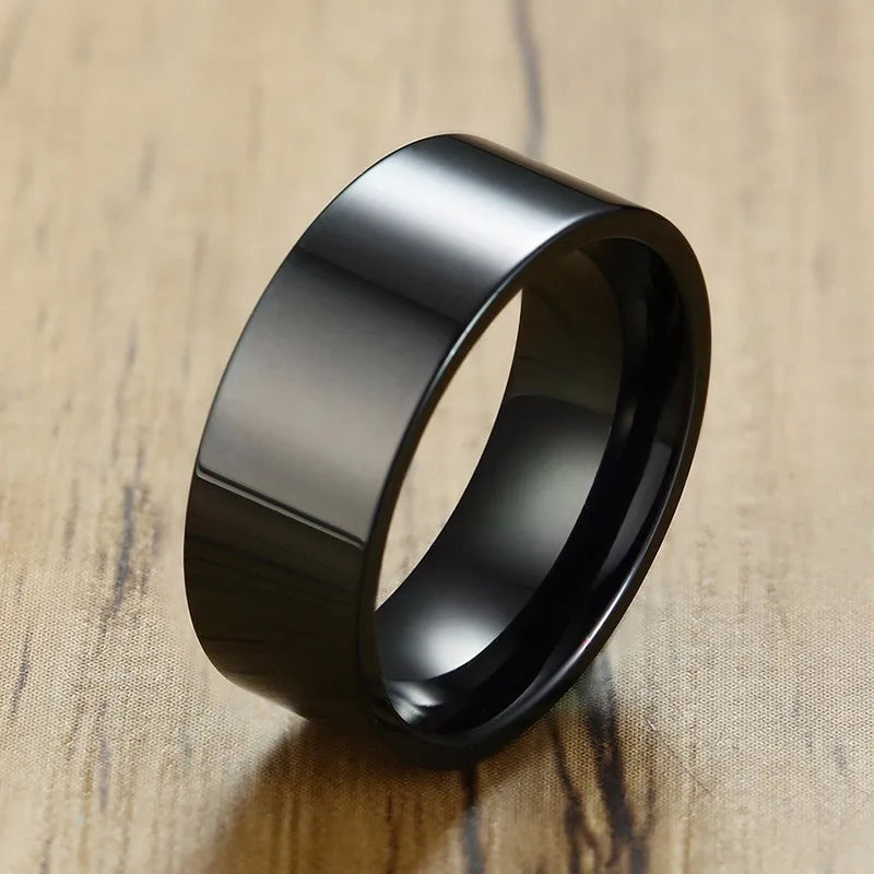 Mens Ring 8mm Flat Pipe Cut Matte Finished Black Stainless Steel Wedding Engagement Band for Men Jewelry
