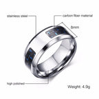 Laser Engraved Wolf Men Ring for Men Stainless Steel Blue Carbon Fibre 8mm Wedding Band