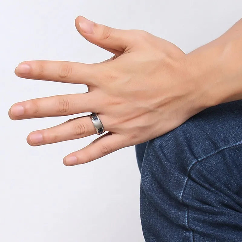 Laser Engraved Wolf Men Ring for Men Stainless Steel Blue Carbon Fibre 8mm Wedding Band