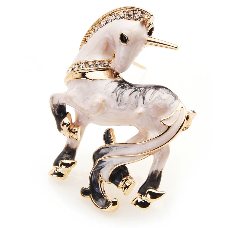 Wuli&baby White Miracle Lucky Horse Enamel Brooches For Women And Men Alloy Animal Rhinestone Banquet Party Brooch Gifts