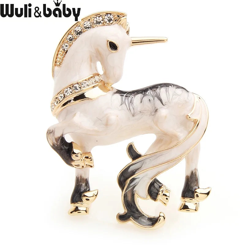 Wuli&baby White Miracle Lucky Horse Enamel Brooches For Women And Men Alloy Animal Rhinestone Banquet Party Brooch Gifts