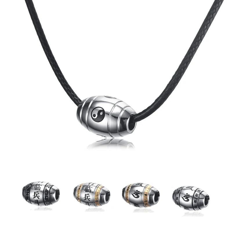 Men Choker Stainless Steel 6 & 9 words Buddha Mantra Gossip Yin Yang Lucky Bead Pendant Necklace Black Braided Rope Male Jewelry