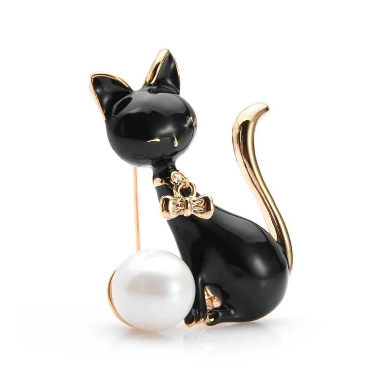 PENDRA Monochrome Cat Alloy Enamel Brooch