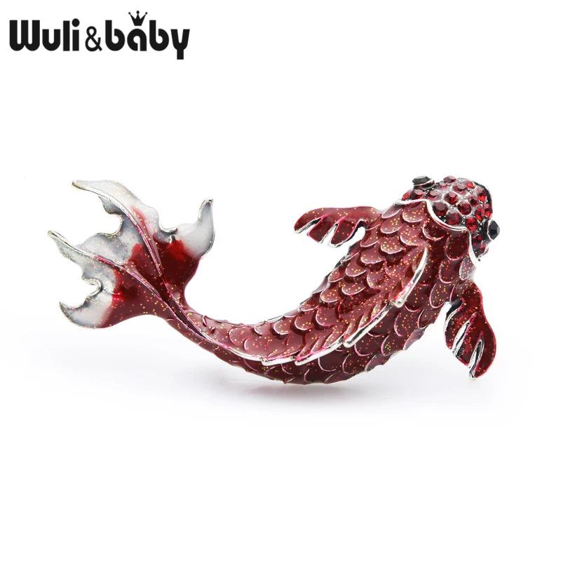 PENDRA Redcrest Rhinestone Carp Fish Brooch