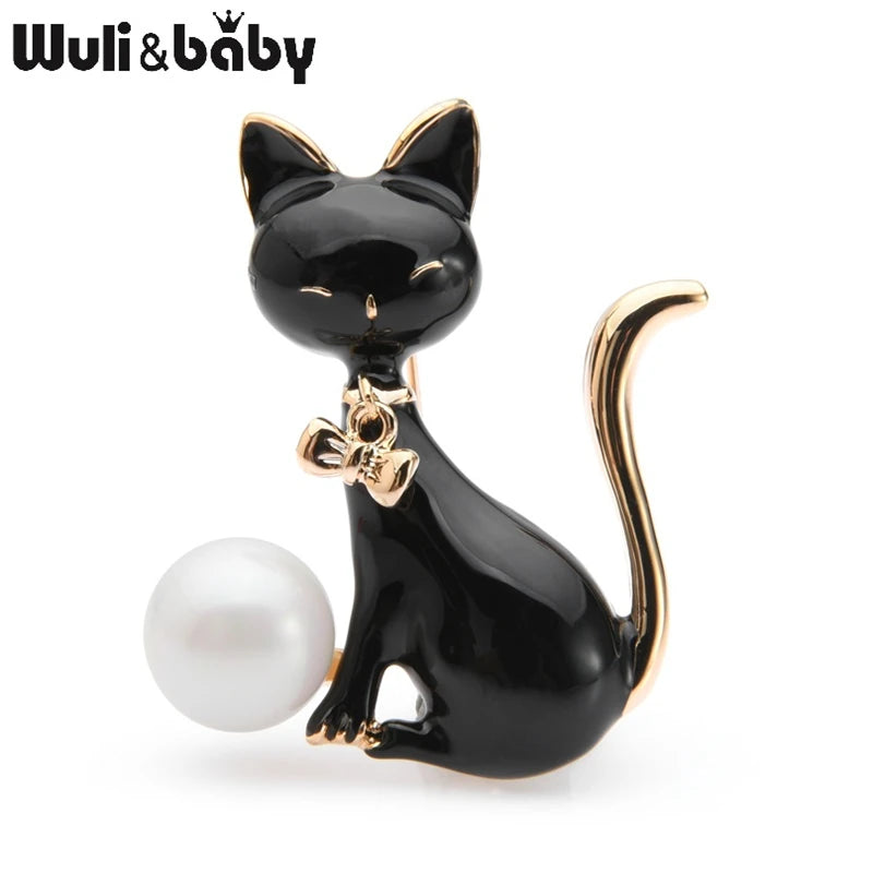 PENDRA Monochrome Cat Alloy Enamel Brooch