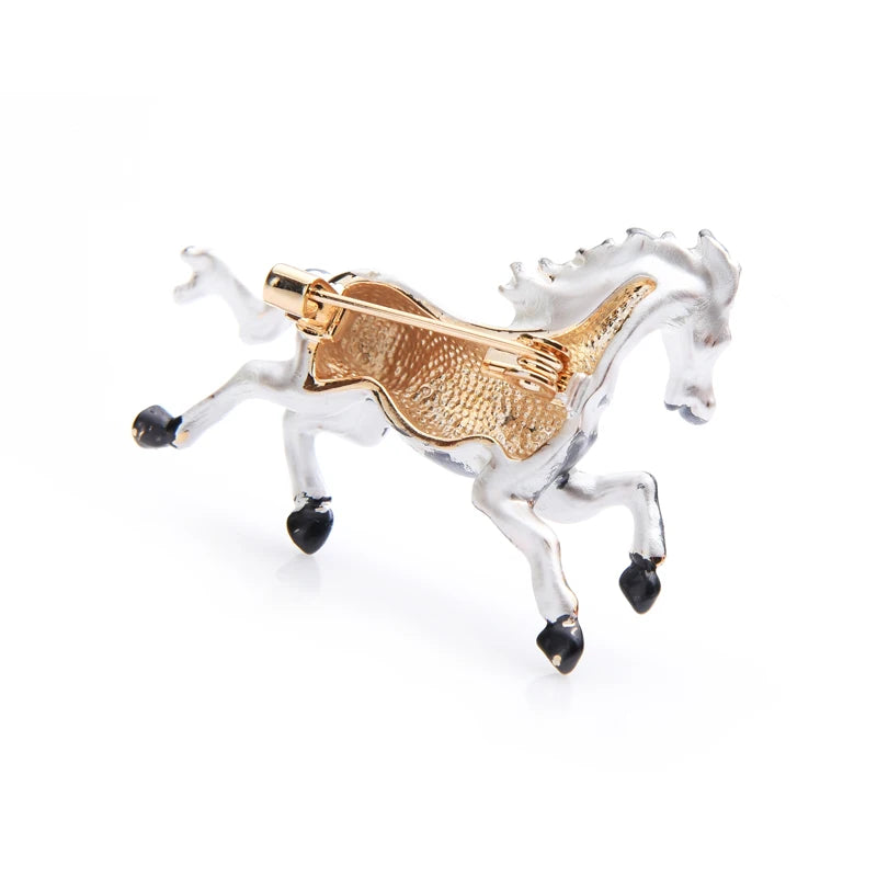 PENDRA White Black Enamel Horse Brooch