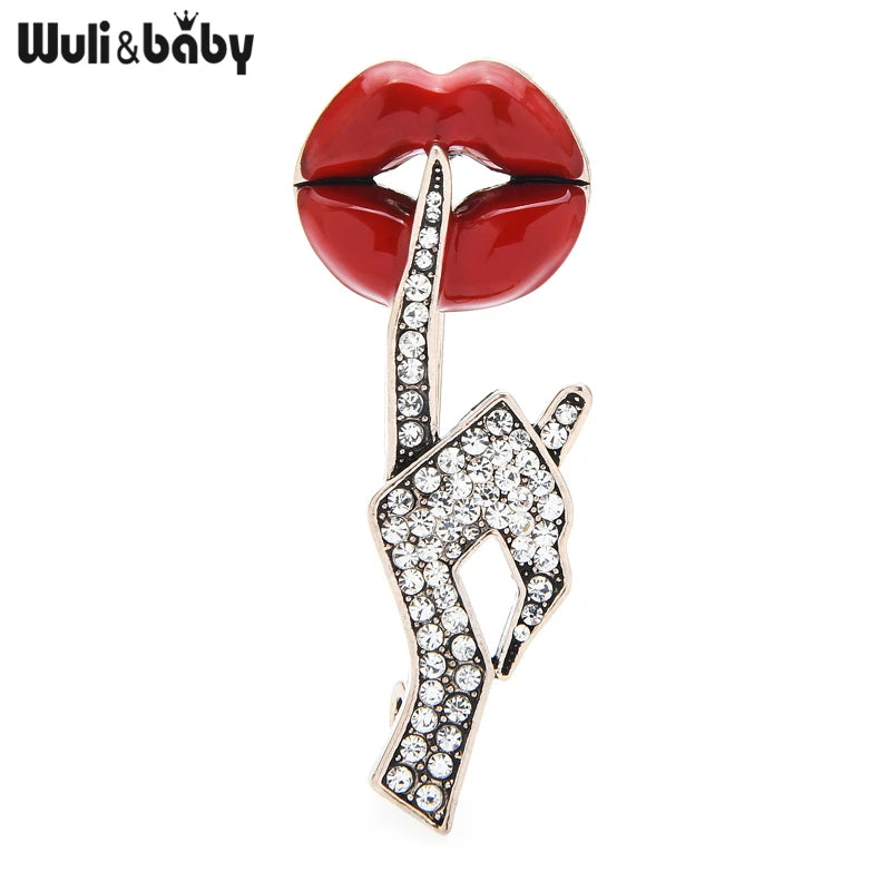 PENDRA Crystal Women Hand Gesture Red Enamel Lip Brooch